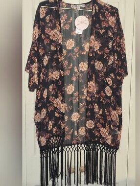 Gypsies & Moondust Black Floral Fringe Kimono